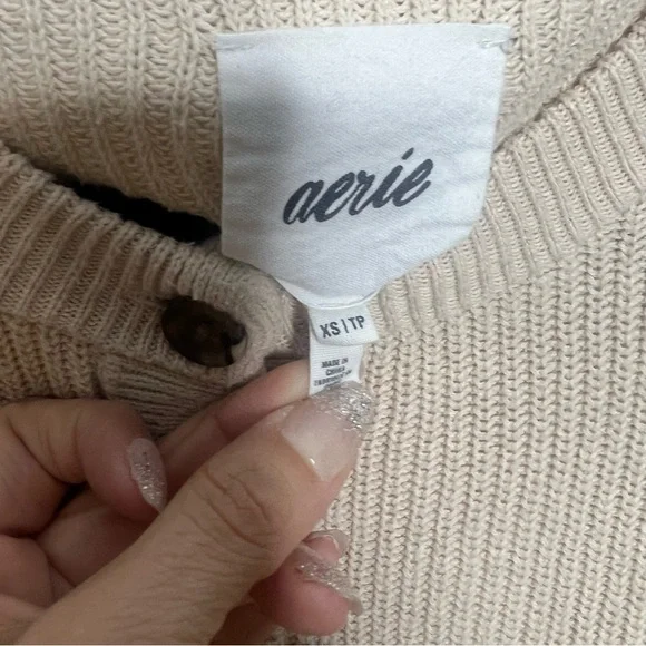 Aerie Cream Henley Sweater XS | 100% Cotton | Relaxed Fit Neutral Top - Picture 2 of 5